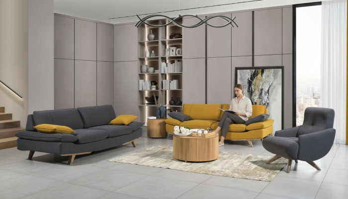 Gray-yellow living room seating furniture luxury 2x 3-seater couches single-seater 3-piece set