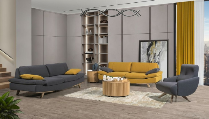 Gray-yellow living room seating furniture luxury 2x 3-seater couches single-seater 3-piece set