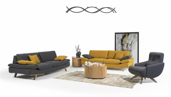 Gray-yellow living room seating furniture luxury 2x 3-seater couches single-seater 3-piece set