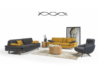 Gray-yellow living room seating furniture luxury 2x 3-seater couches single-seater 3-piece set