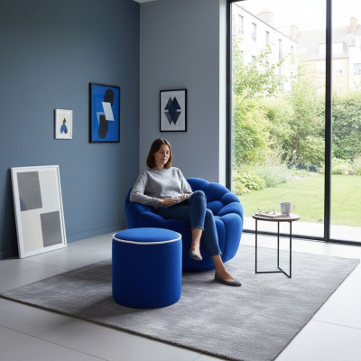 Blue armchair designer living room set 2-piece exclusive upholstered stool