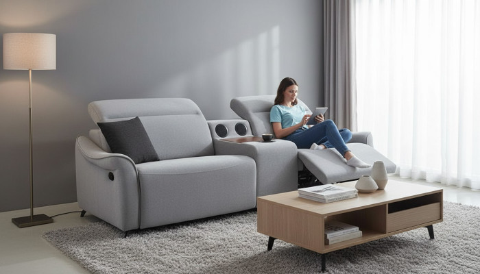 Gray upholstered sofa designer 3-seater three-seater with sound system modern