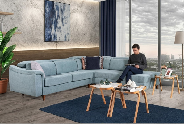 Blue L-shaped corner sofa, living room upholstered couches, designer wooden frame