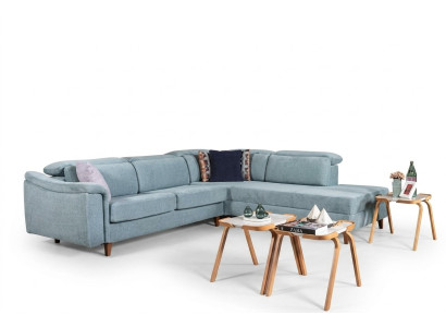 Blue L-shaped corner sofa, living room upholstered couches, designer wooden frame