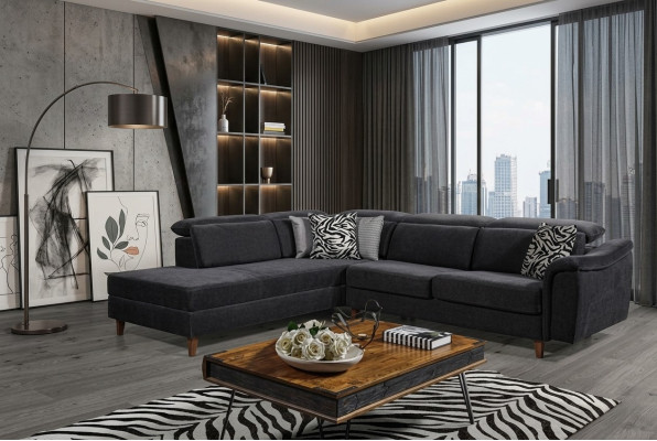 Black upholstered corner sofa L-shape couch living room living landscape new