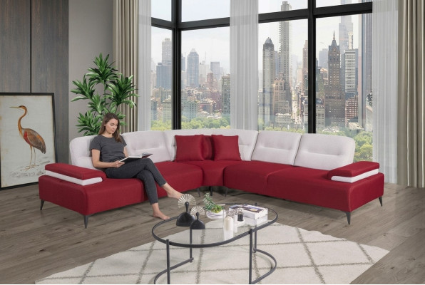 Red Stylish Corner Sofa L-Shaped Couch Designer Living Room Wood Set