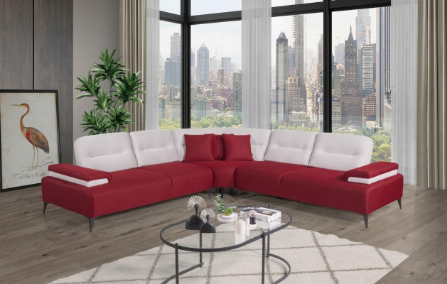 Red Stylish Corner Sofa L-Shaped Couch Designer Living Room Wood Set