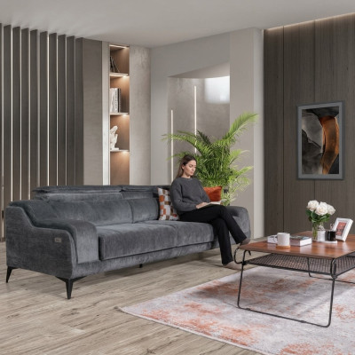 Luxurious Gray Textile Sofa Designer 3-Seater Living Room Three-Seater