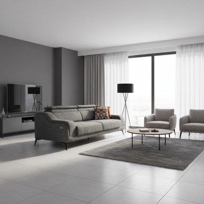 Luxurious Gray Textile Sofa Designer 3-Seater Living Room Three-Seater