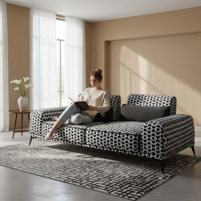 Stylish 3-seater patterned sofa upholstery couches living room wooden frame