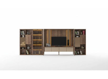 Modern brown wall unit, living room wooden wall, Mux LED shelves, wall units