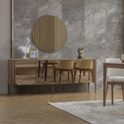 Brown dining room glass sideboard modern mirror complete 2-piece set new