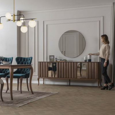 Brown 4-Door Sideboard Luxurious Mirror Dining Room Wooden Furniture 2-Piece Set