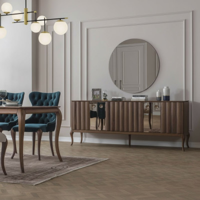 Brown 4-Door Sideboard Luxurious Mirror Dining Room Wooden Furniture 2-Piece Set