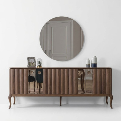 Brown 4-Door Sideboard Luxurious Mirror Dining Room Wooden Furniture 2-Piece Set