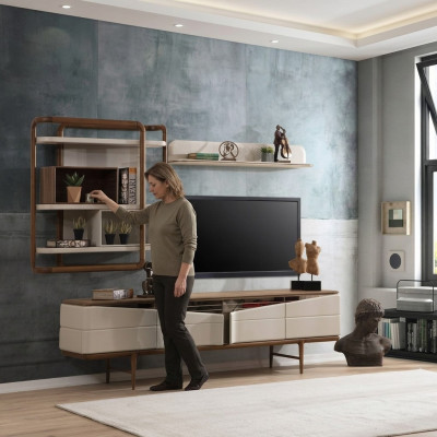 Beige living room set RTV lowboard 2x shelves wooden designer furniture