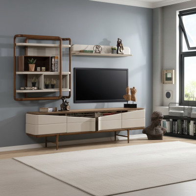 Beige living room set RTV lowboard 2x shelves wooden designer furniture