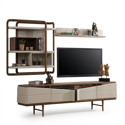 Beige living room set RTV lowboard 2x shelves wooden designer furniture