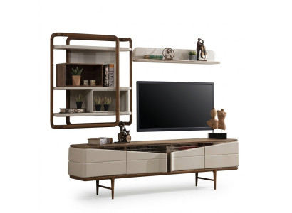 Beige living room set RTV lowboard 2x shelves wooden designer furniture