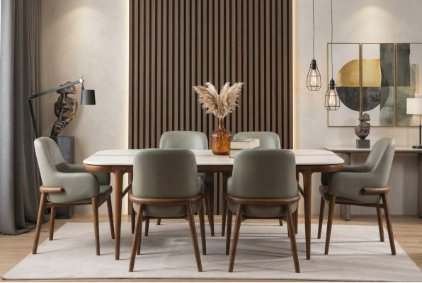 Dining room furniture wooden table designer upholstered chairs wooden legs 7-piece luxury set