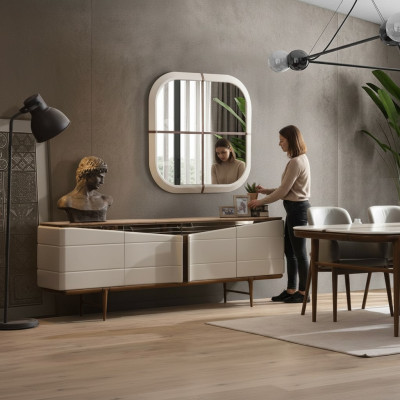 Dining room set beige sideboard rectangular mirror luxurious wood furniture
