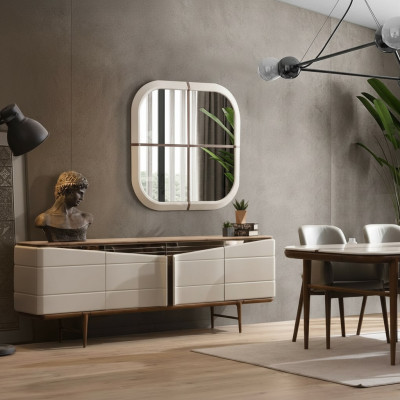 Dining room set beige sideboard rectangular mirror luxurious wood furniture