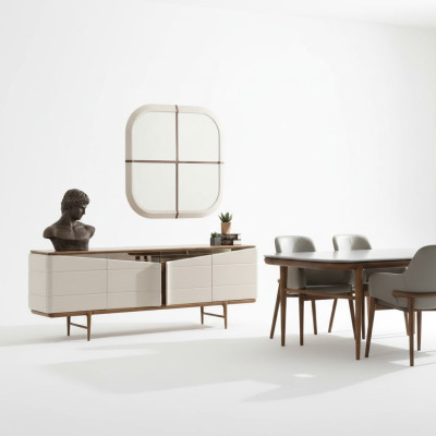 Dining room set beige sideboard rectangular mirror luxurious wood furniture