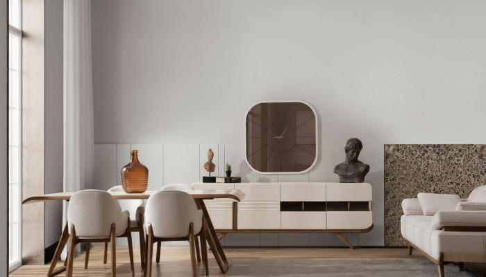 White and brown dining room set, modern dining table, 6 upholstered chairs, 9-piece set