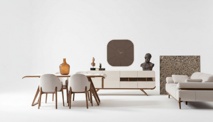 White and brown dining room set, modern dining table, 6 upholstered chairs, 9-piece set
