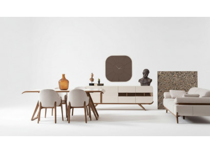 White and brown dining room set, modern dining table, 6 upholstered chairs, 9-piece set