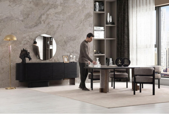 Designer dining room set, dining table, 6 chairs, sideboard, mirror, 9 pieces.