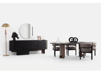 Designer dining room set, dining table, 6 chairs, sideboard, mirror, 9 pieces.