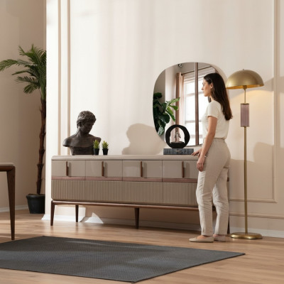 Beige dining room furniture luxury wood sideboard 4-door glass mirror 2-piece set