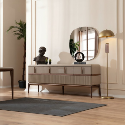 Beige dining room furniture luxury wood sideboard 4-door glass mirror 2-piece set