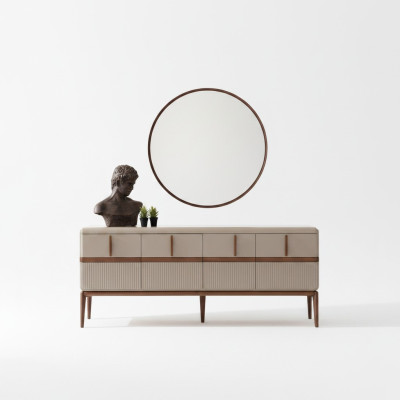 Beige dining room furniture luxury wood sideboard 4-door glass mirror 2-piece set