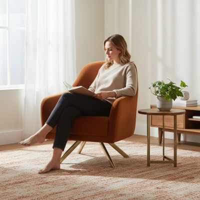 Orange armchair with stainless steel legs, modern single-seater upholstery furniture
