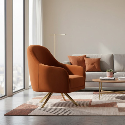 Orange armchair with stainless steel legs, modern single-seater upholstery furniture