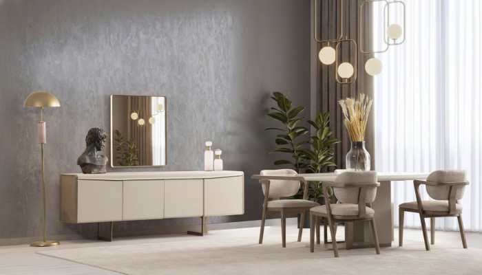Beige dining room set designer dining table upholstered chairs luxury sideboard
