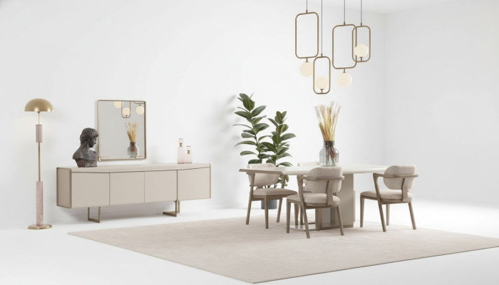 Beige dining room set designer dining table upholstered chairs luxury sideboard