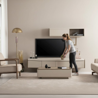 Beige lowboard wood shelf designer TV cabinet living room luxury furniture