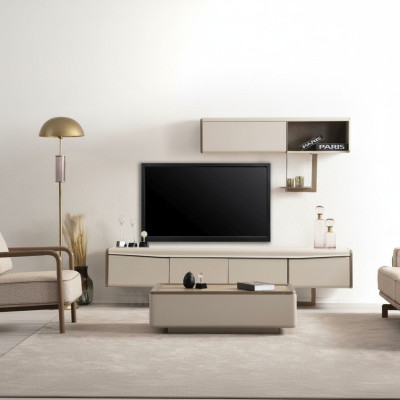 Beige lowboard wood shelf designer TV cabinet living room luxury furniture