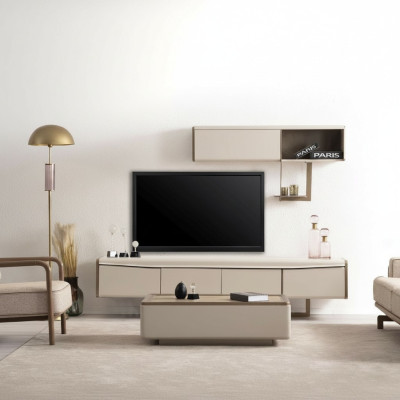 Beige lowboard wood shelf designer TV cabinet living room luxury furniture