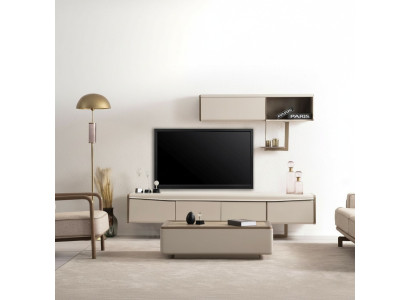 Beige lowboard wood shelf designer TV cabinet living room luxury furniture