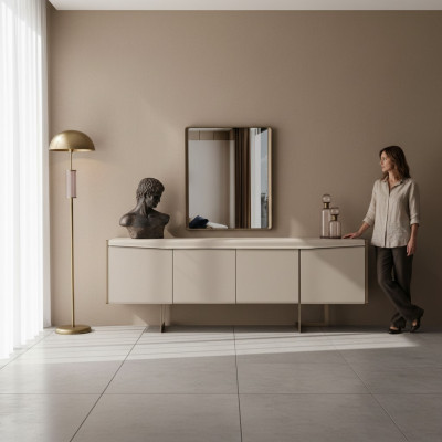 Beige dining room sideboard rectangular mirror stylish wooden furniture 2-piece set