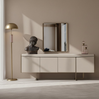 Beige dining room sideboard rectangular mirror stylish wooden furniture 2-piece set