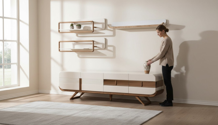 White living room wall unit designer lowboard 2 shelves wood furniture 4-piece set