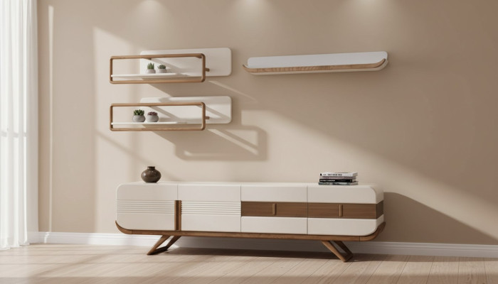 White living room wall unit designer lowboard 2 shelves wood furniture 4-piece set