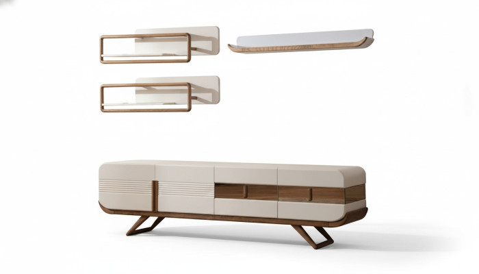 White living room wall unit designer lowboard 2 shelves wood furniture 4-piece set