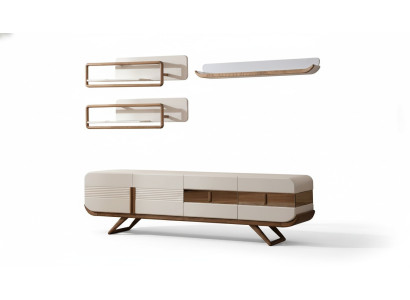 White living room wall unit designer lowboard 2 shelves wood furniture 4-piece set