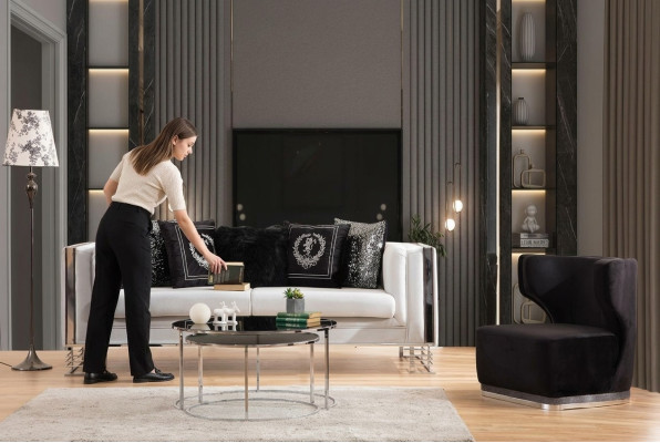White-Black Sofa Set Living Room Sofas Three-Seater Upholstered Armchair